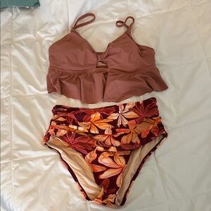 Amazon Rust Bikini Top with Floral High-Waisted Bottoms